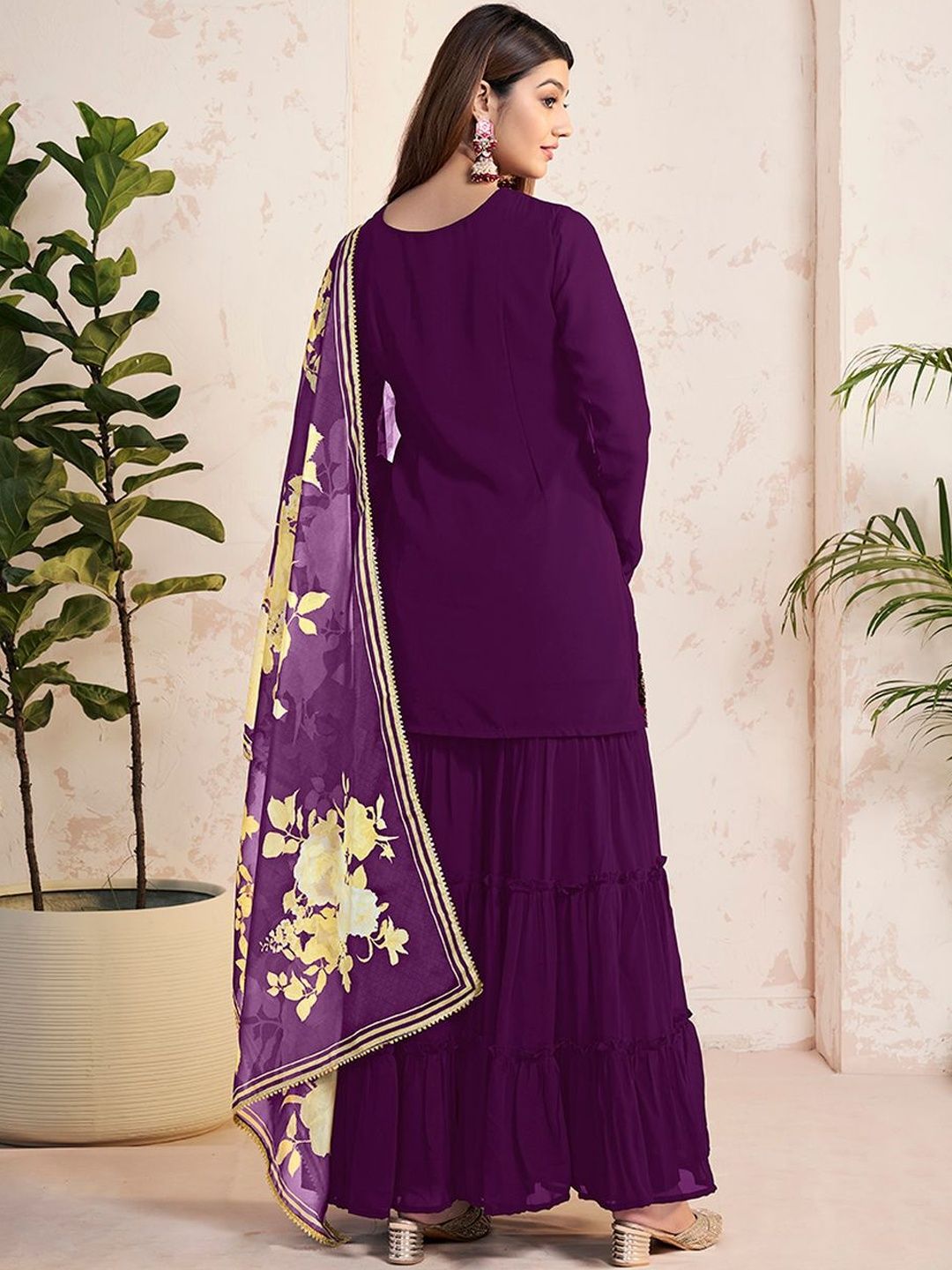 Dhiyona HOP Ethnic Motifs Embroidered V-Neck Kurta & Sharara With Dupatta