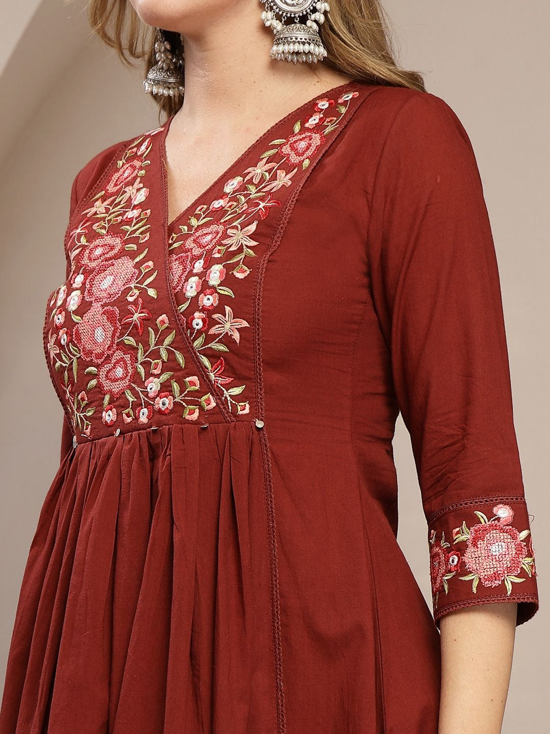 Women Floral Embroidered Angrakha Thread Work Pure Cotton Kurta with Palazzos & With Dupatta