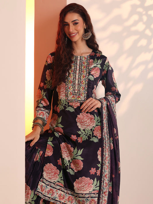 Women Floral Printed Regular Mirror Work Kurta with Sharara & With Dupatta