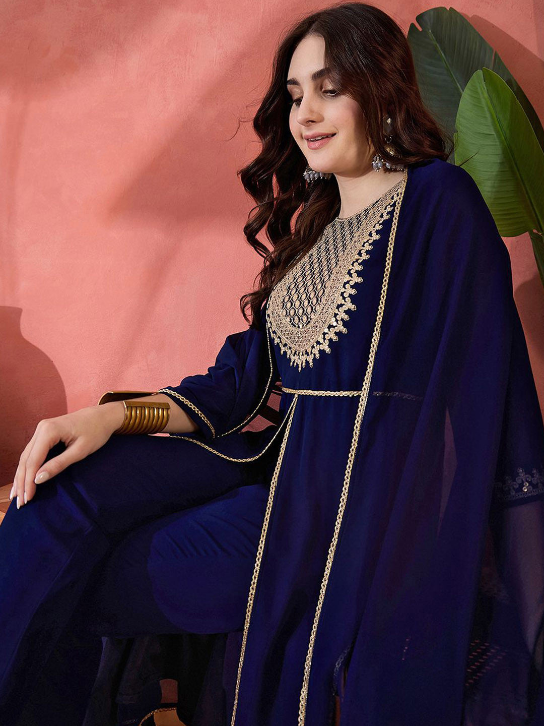 Dhiyona SN Zari Sequence Cording Embroidered Front Slit Kurta With Trousers & Dupatta