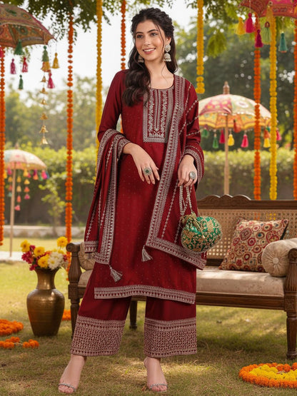 Dhiyona KL Ethnic Motifs Embroidered Round Neck Zari Straight Kurta With Palazzo & Dupatta