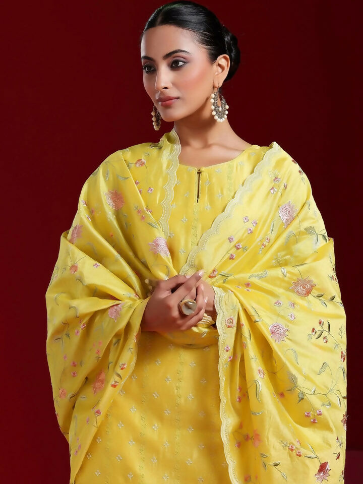 Women's LB Art Yellow Embroidered Chanderi Silk Straight Suit With Dupatta