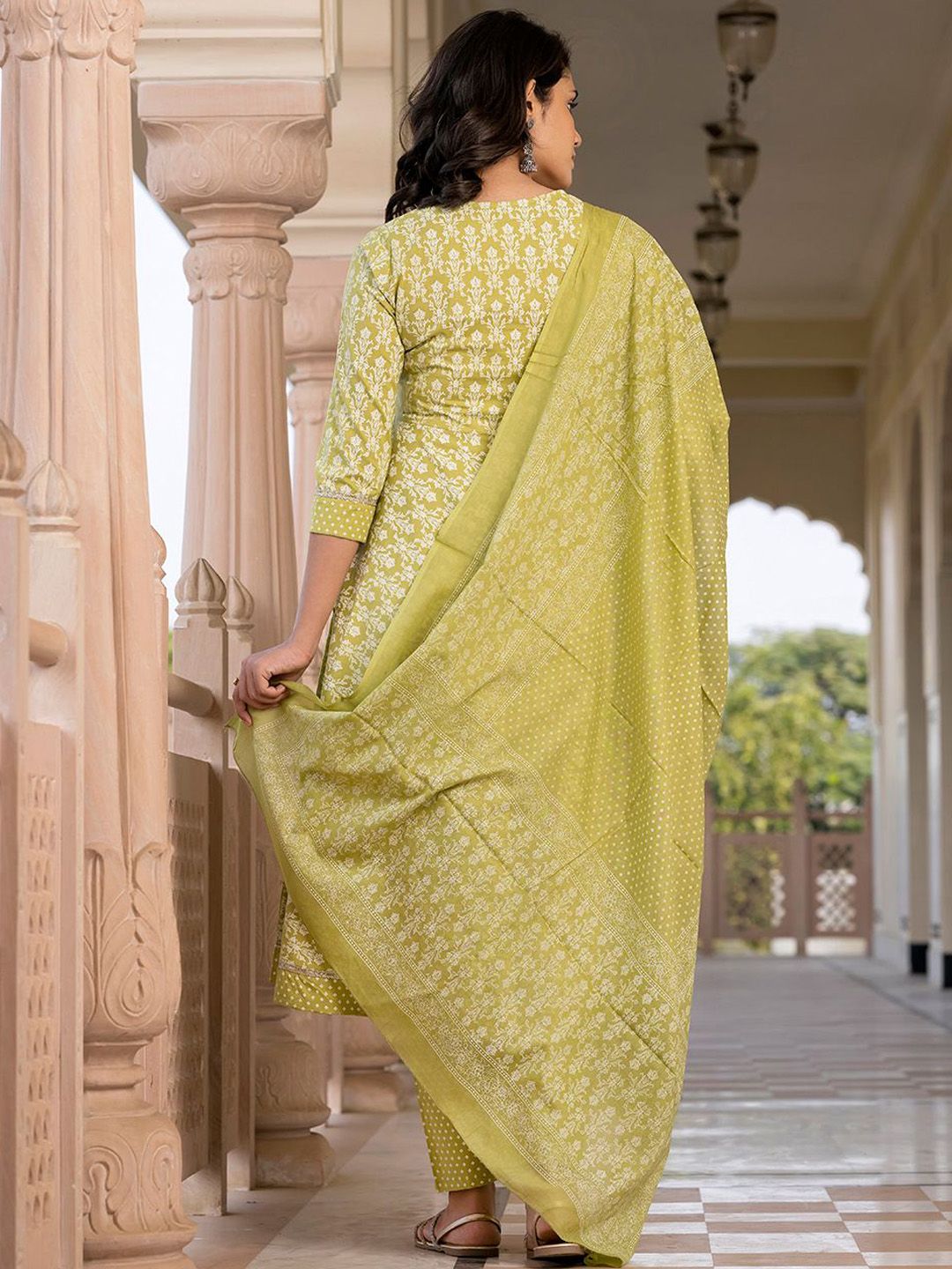 Dhiyona KL Floral Printed Mirror Work Anarkali Pure Cotton Kurta With Trousers & Dupatta