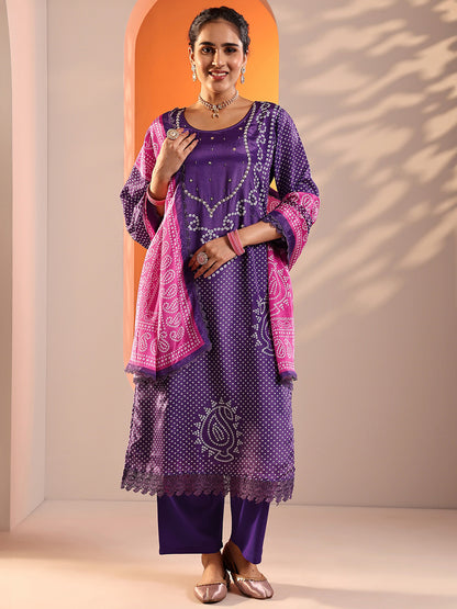 Women Bandhani Printed Regular Kurta with Trousers & Dupatta
