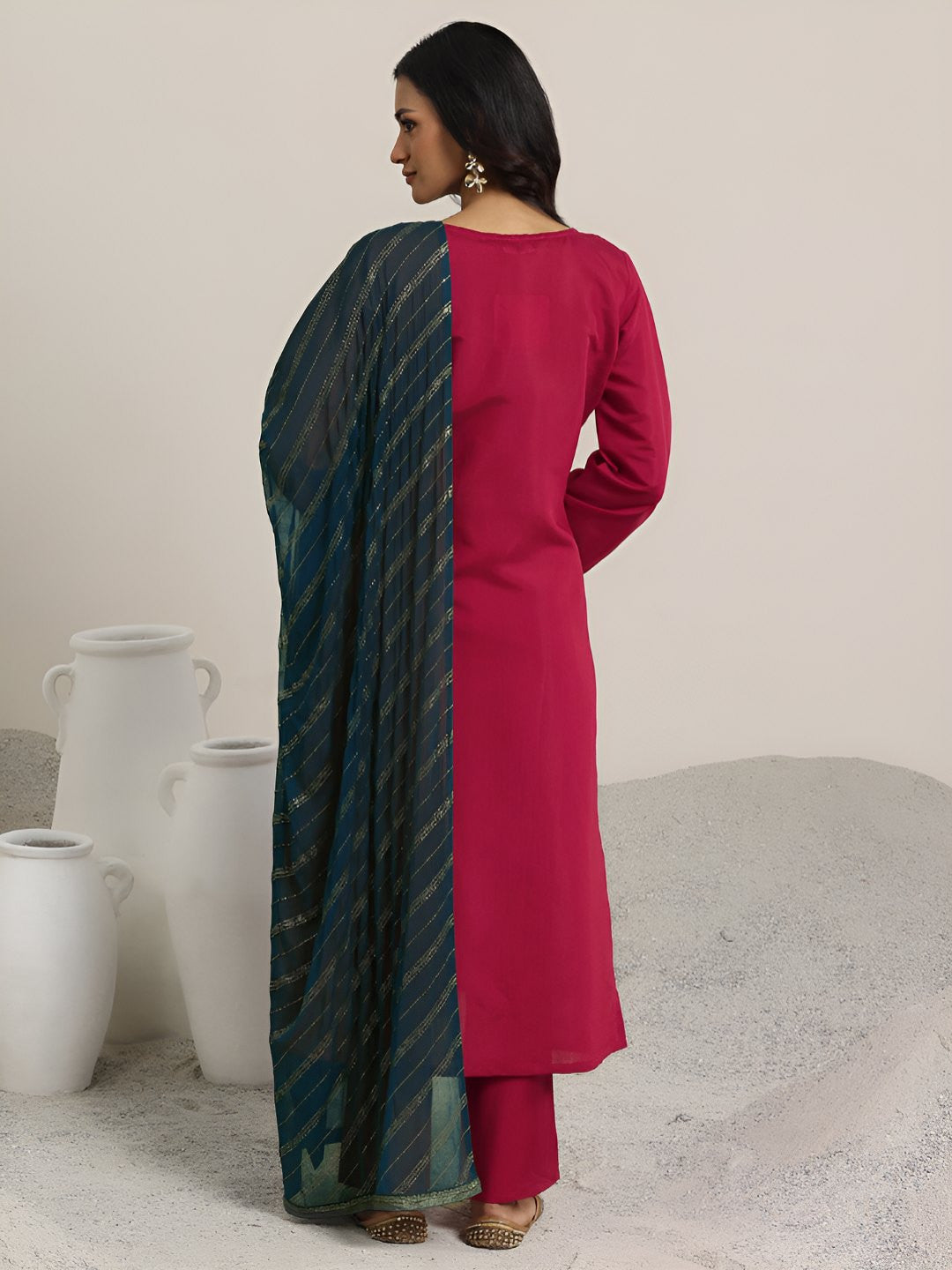 Ethnic Motifs Embroidered V-Neck Straight Kurta With Trousers & Dupatta