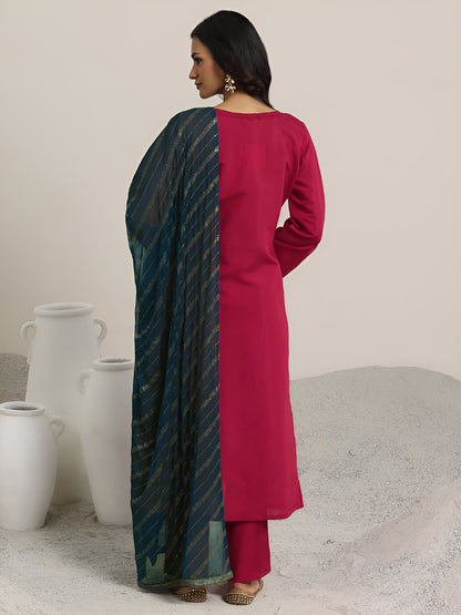 Ethnic Motifs Embroidered V-Neck Straight Kurta With Trousers & Dupatta