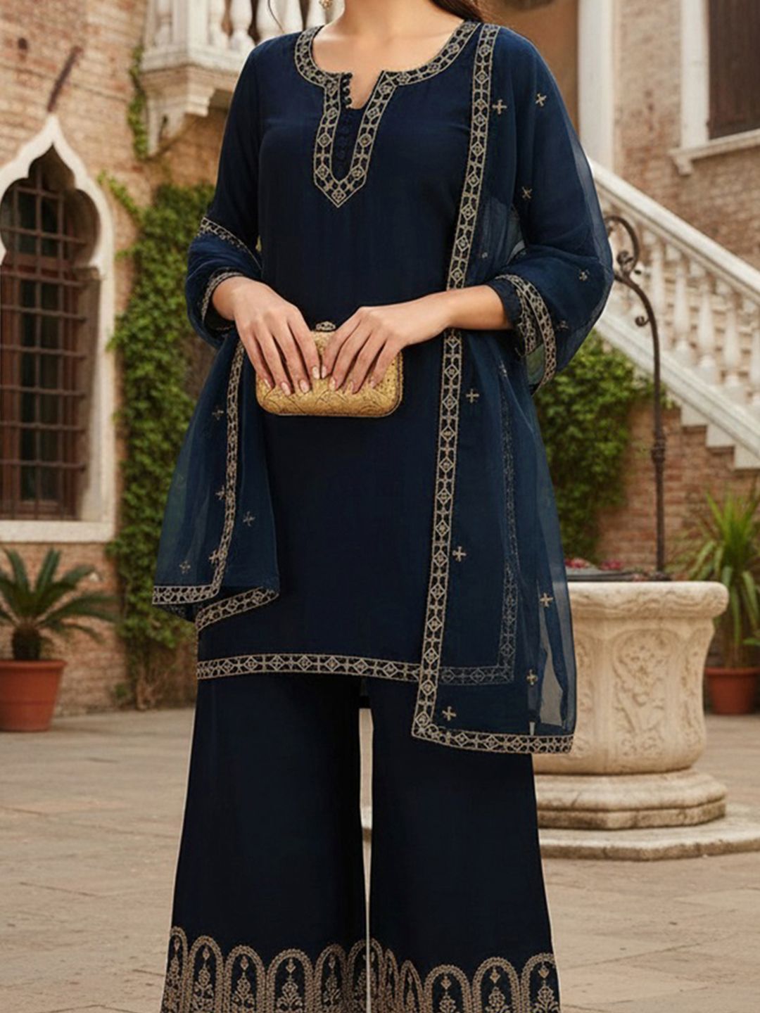 Dhiyona KL Floral Embroidered Straight Kurta with Palazzos & Dupatta