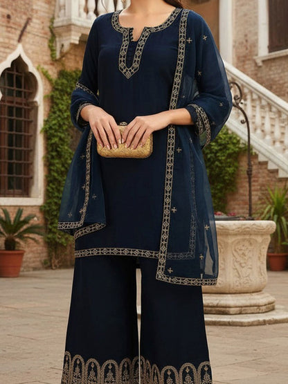 Dhiyona KL Floral Embroidered Straight Kurta with Palazzos & Dupatta