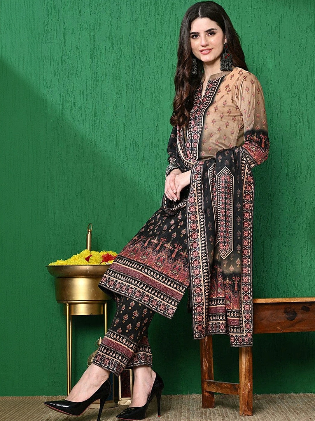 Black & Beige Floral Self Design Winter Velvet Kurta & Trouser With Dupatta