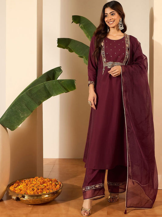 Dhiyona IN Women Ethnic Motifs Embroidered Panelled Kurta with Palazzos & With Dupatta