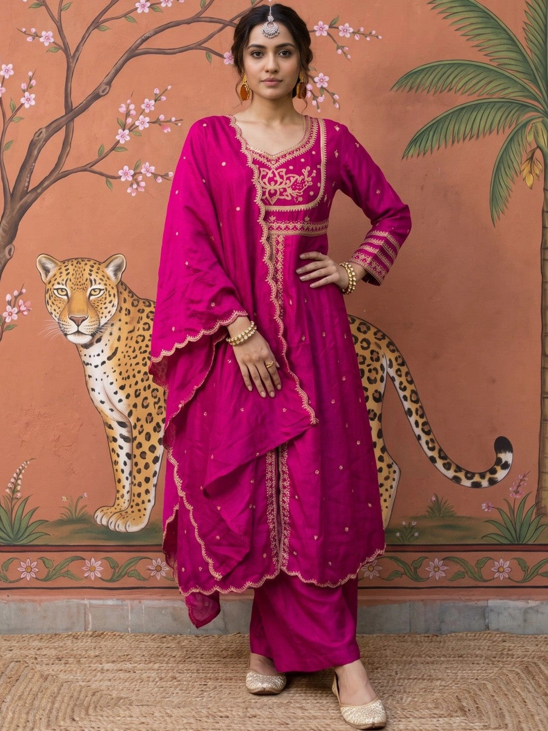 Dhiyona SN Women Ethnic Motifs Embroidered Empire Kurta with Palazzos & With Dupatta