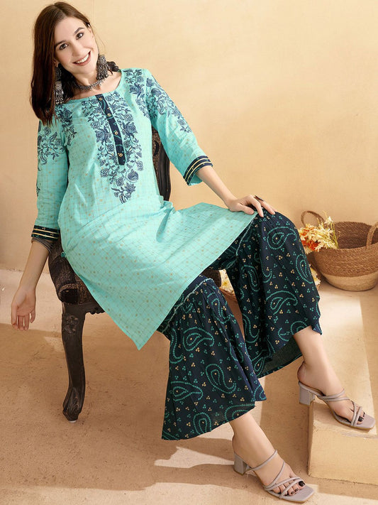 Dhiyona AN Sea Green Floral Printed Pure Cotton Straight Kurta With Sharara