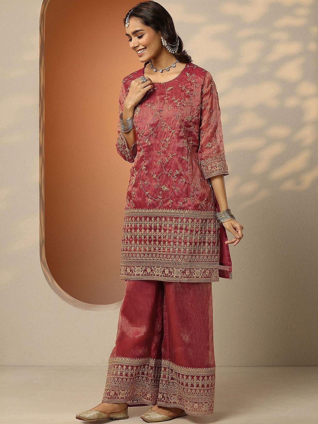 Dhiyona LL Women Ethnic Motifs Embroidered Regular Thread Work Kurta with Palazzos & With Dupatta