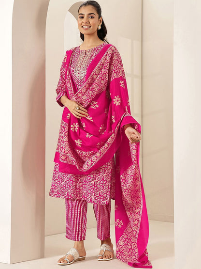 Women Ethnic Motifs Printed Regular Thread Work Kurta with Trousers & With Dupatta