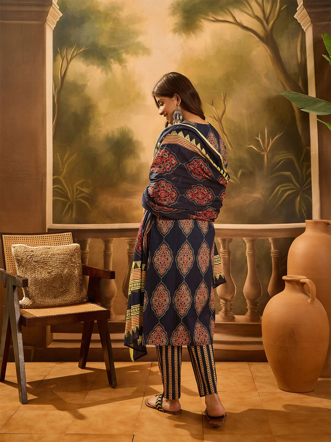Ethnic Motifs Printed V-Neck Cotton Straight Kurta With Trouser & Dupatta
