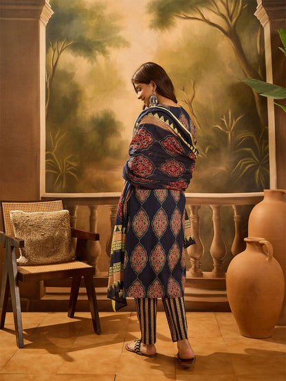 Ethnic Motifs Printed V-Neck Cotton Straight Kurta With Trouser & Dupatta