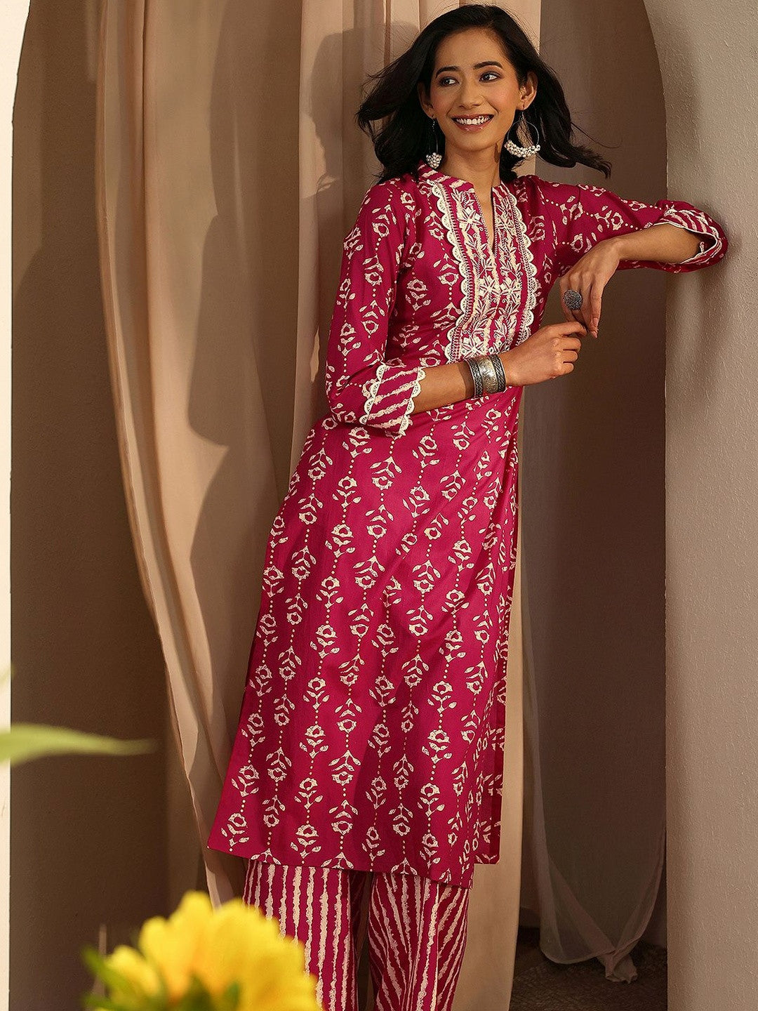 Women Ethnic Motifs Printed Regular Thread Work Kurta with Palazzos