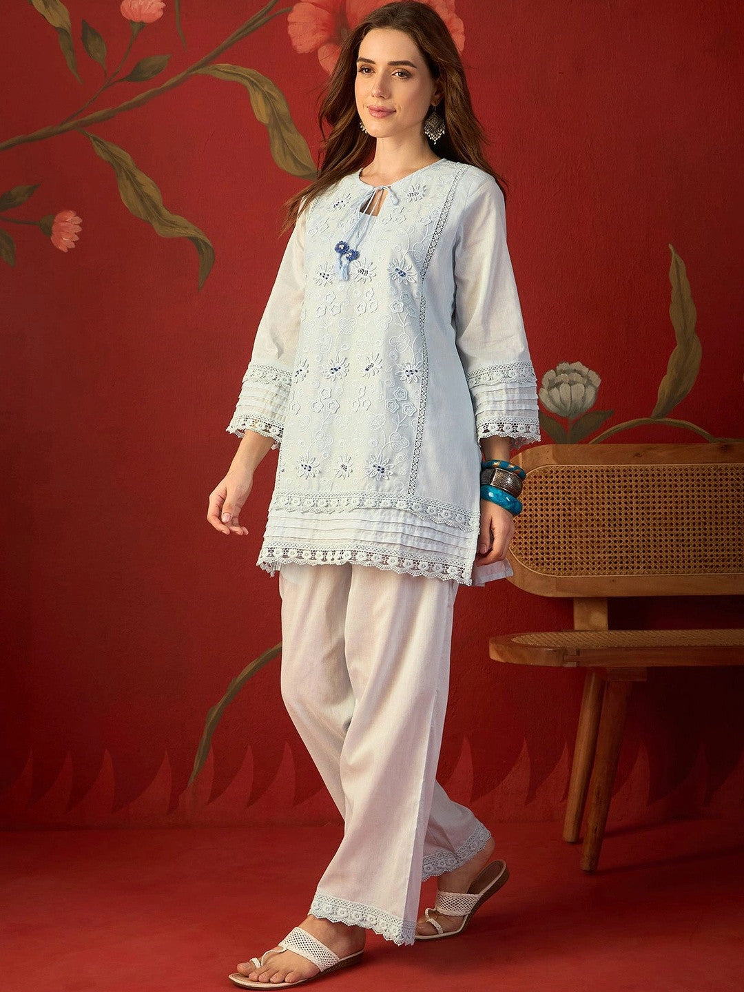 Blue schiffli embroidered cotton tunic and pants