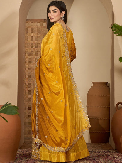 Mustard Chinon Silk Embroidery Work Kurta With Sharara And Dupatta