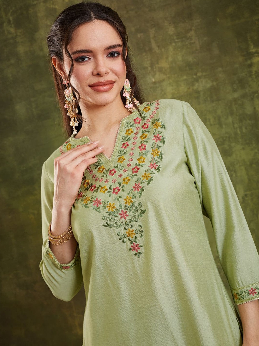 Embroidered Notched Neck Kurta & Sharara With Dupatta