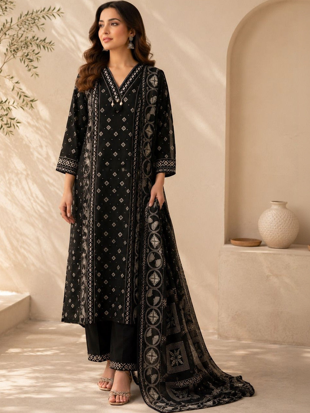 Women Ethnic Motifs Printed Regular Thread Work Pure Cotton Kurta with Trousers & With Dupatta