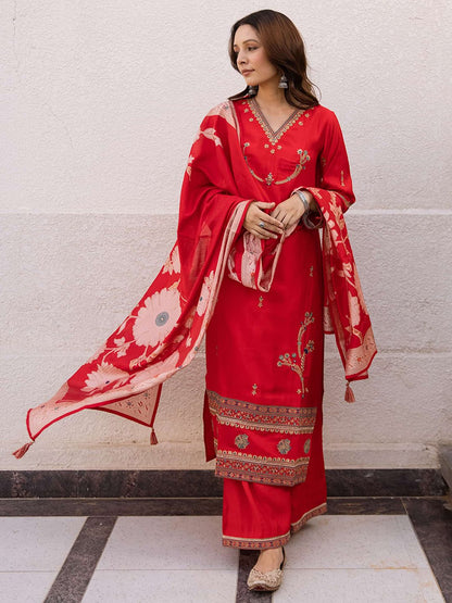 Dhiyona SN Embroidered Straight Kurta With Palazzos & Dupatta