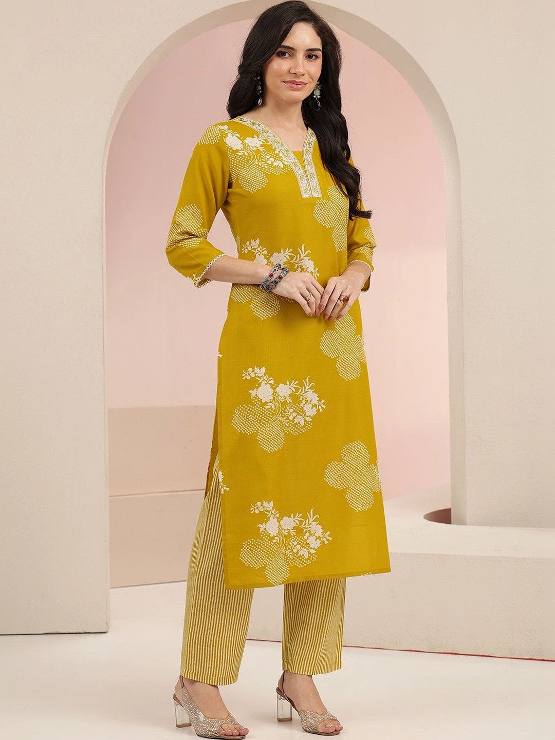 Mustard Bandhani Printed Cotton Blend Straight Suit Set