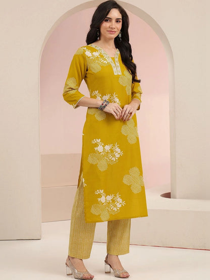 Mustard Bandhani Printed Cotton Blend Straight Suit Set