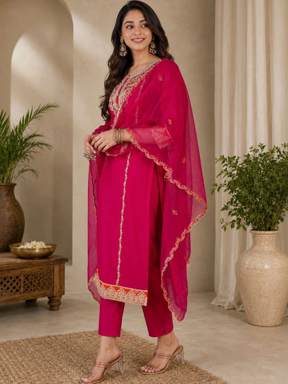 Women Ethnic Motifs Embroidered Regular Thread Work Kurta with Trousers & With Dupatta