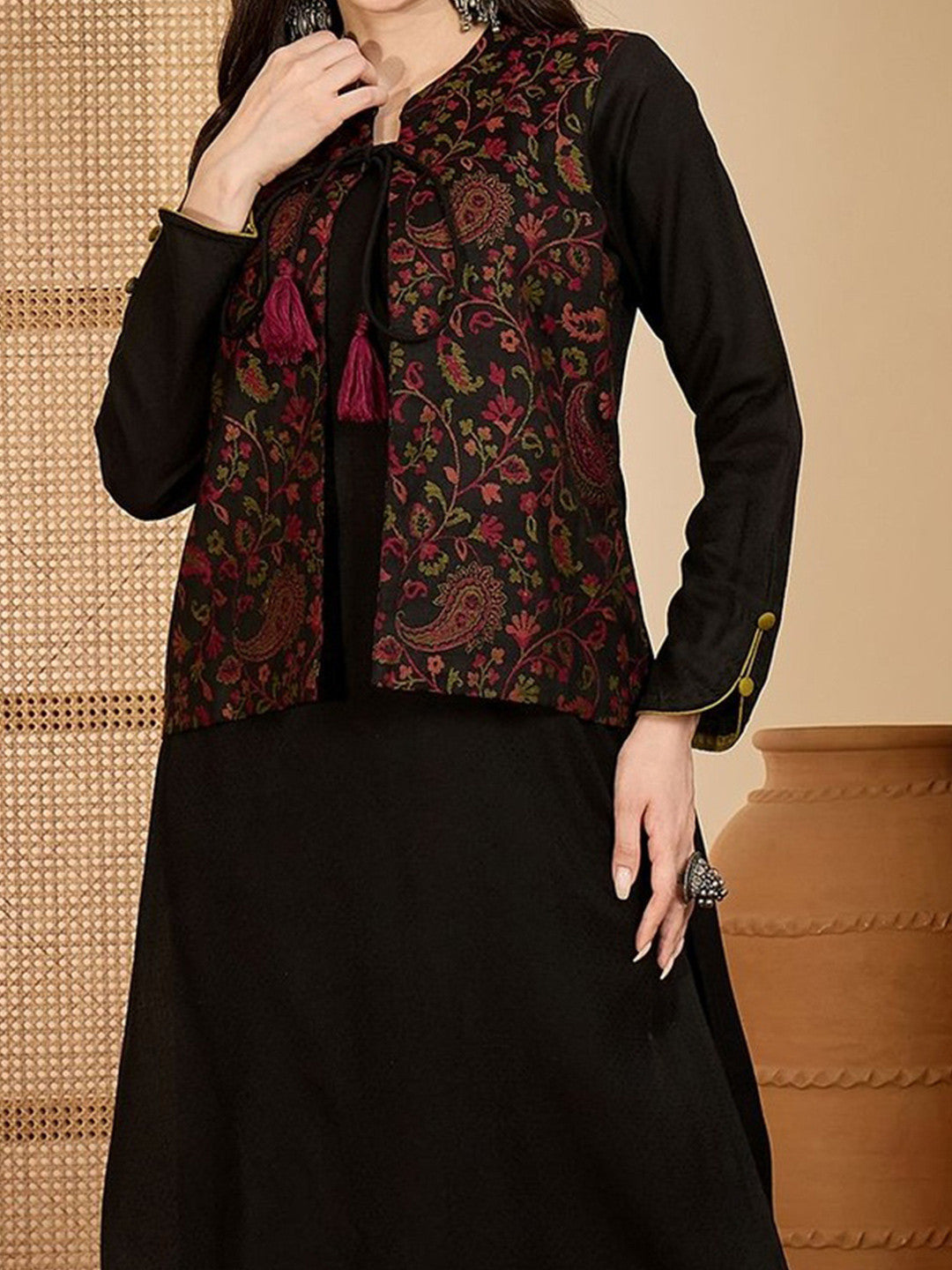 Winter Ethnic three-Piece kurta Set with Tassel-Tie Jacket