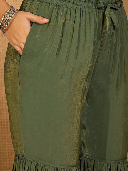 Women Olive Embroidered Kurta Sets With Dupatta