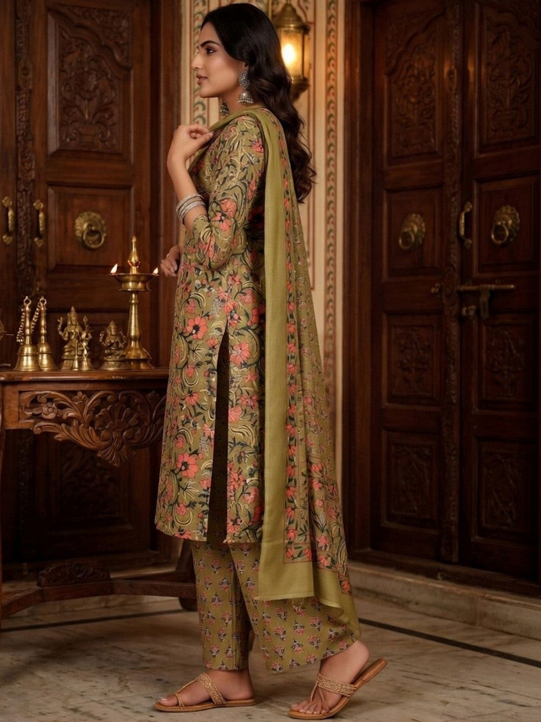 Embroidered Sweetheart Neck Kurta & Trousers With Dupatta