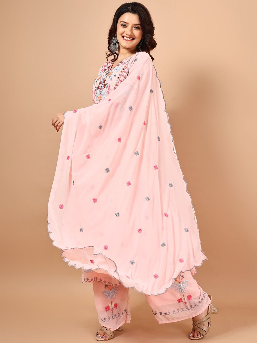 Dhiyona KL Floral Embroidered Thread Work Georgette Straight Kurta with Palazzo & Dupatta