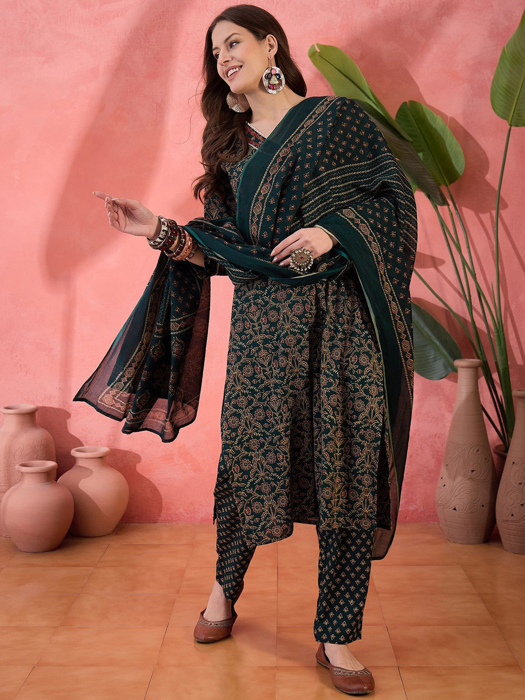 Floral Printed V-Neck Pure Cotton Straight Kurta With Trouser And Dupatta