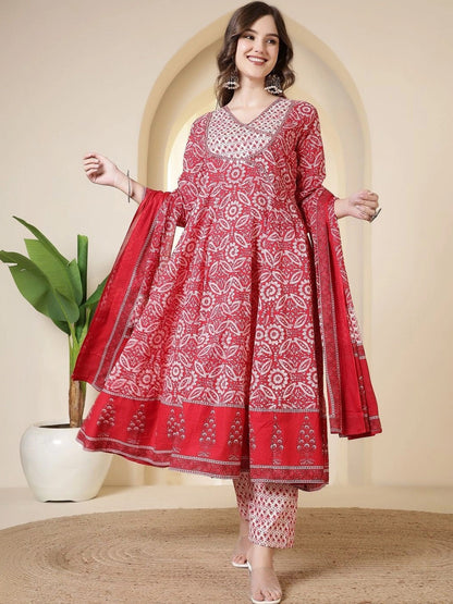 Women Ethnic Motifs Printed Empire Sequinned Pure Cotton Kurta with Trousers & With Dupatta