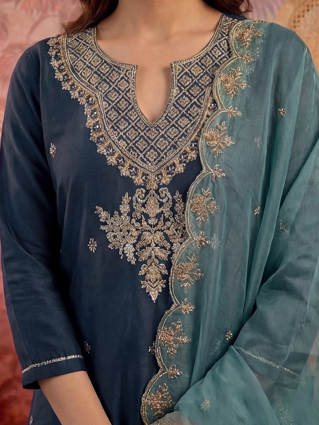 Embroidered Round Neck Kurta & Palazzos With Dupatta