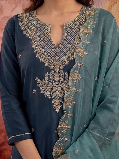 Embroidered Round Neck Kurta & Palazzos With Dupatta