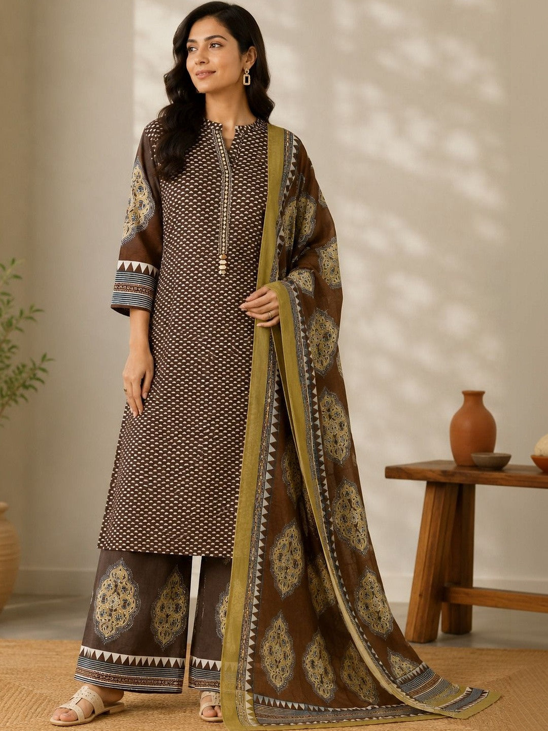 Dhiyona SN Women Ethnic Motifs Printed Regular Mirror Work Pure Cotton Kurta with Palazzos & With Dupatta