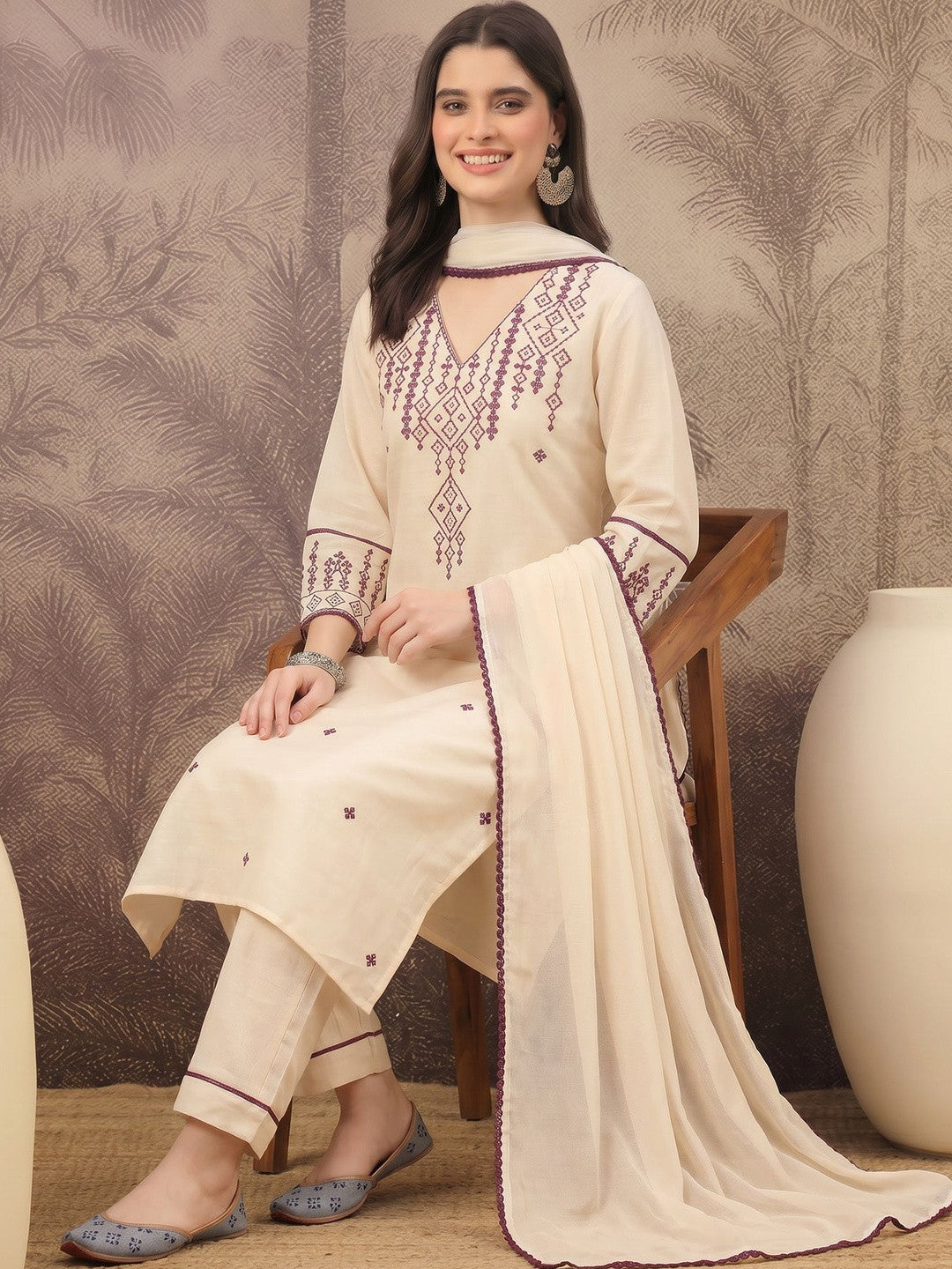 Women Ethnic Motifs Embroidered Regular Pure Cotton Kurta with Trousers & With Dupatta