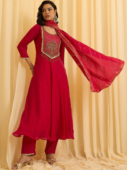 Dhiyona CH Women Ethnic Motifs Embroidered Anarkali Kurta with Trousers & Dupatta