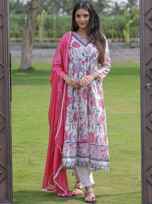 Dhiyona KL Women Floral Printed Panelled Kurta with Trousers & With Dupatta