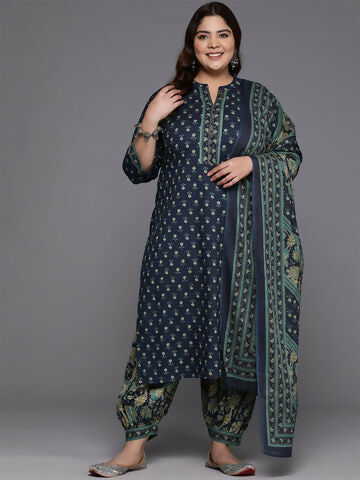 Women's Plus Size Blue Printed Straight Kurta Salwar With Dupatta Set