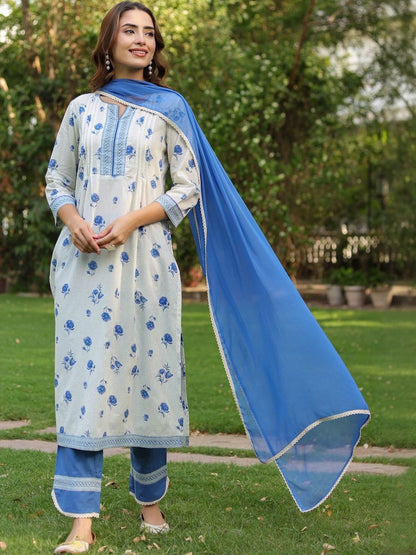 Dhiyona RR Women's Floral Printed Pure Cotton Kurta with Trousers & Dupatta