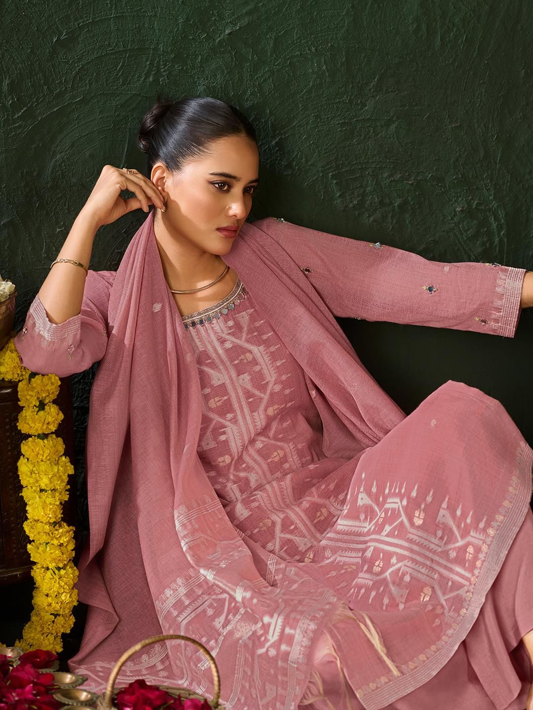 Dhiyona KL Women Pink Ethnic Motifs Embroidered Kurta With Palazzos & Dupatta