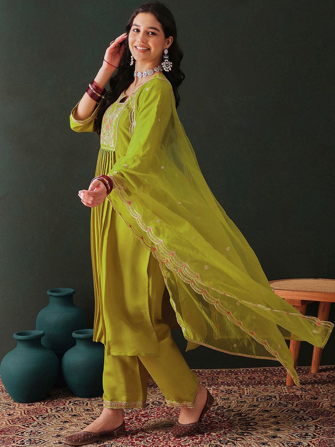 Dhiyona SN Floral Embroidered Pleated Straight Kurta with Trouser & Dupatta