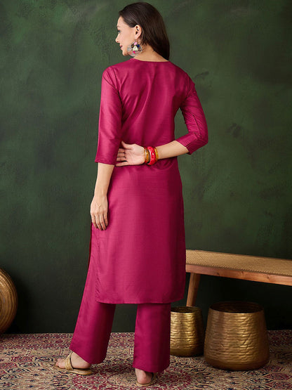 Women Embroidered Straight Kurta & Trousers