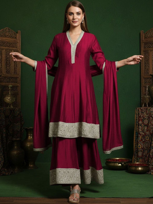 Dhiyona SN Embroidered V-Neck Kurta & Sharara With Dupatta
