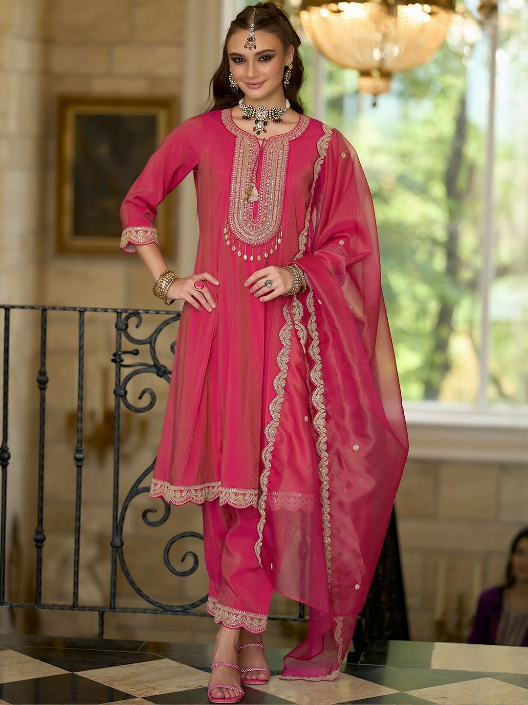 Dhiyona IE Embroidered Notch A-Line Kurta With Trousers & Dupatta