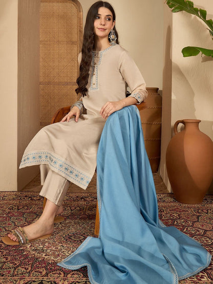 Women Embroidered Regular Thread Work Kurta with Trousers & With Dupatta