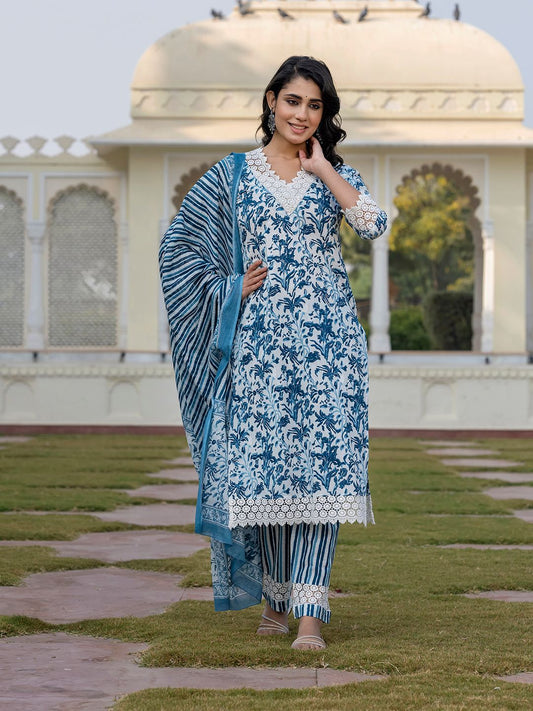 Dhiyona KL Women Floral Printed Regular Pure Cotton Kurta with Trousers & With Dupatta